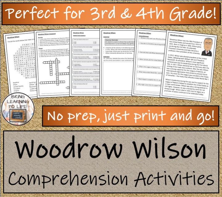 Woodrow Wilson Close Reading Comprehension Activities | 3rd Grade & 4th Grade