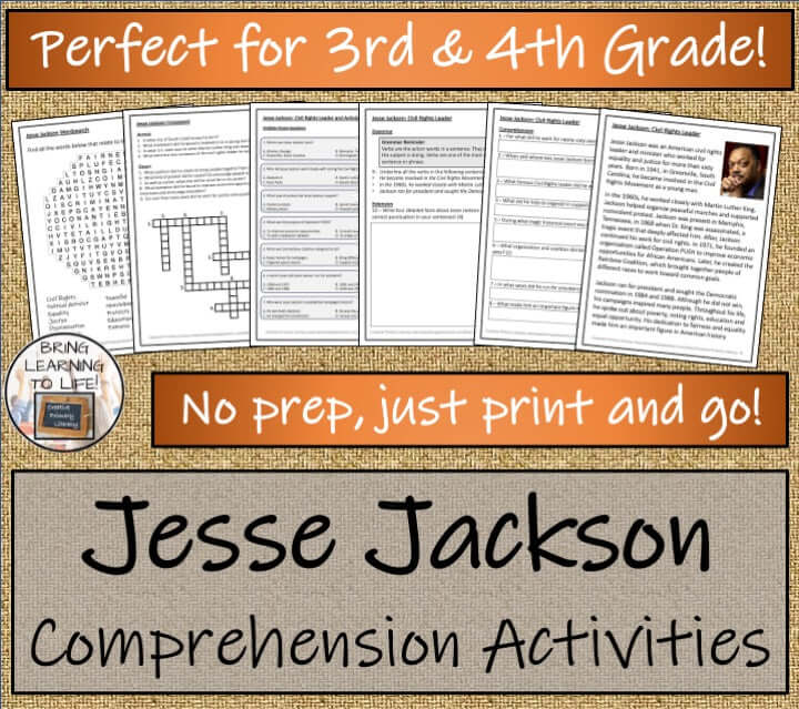 Jesse Jackson comprehension and biography bundle for 3rd and 4th grade reading activities.