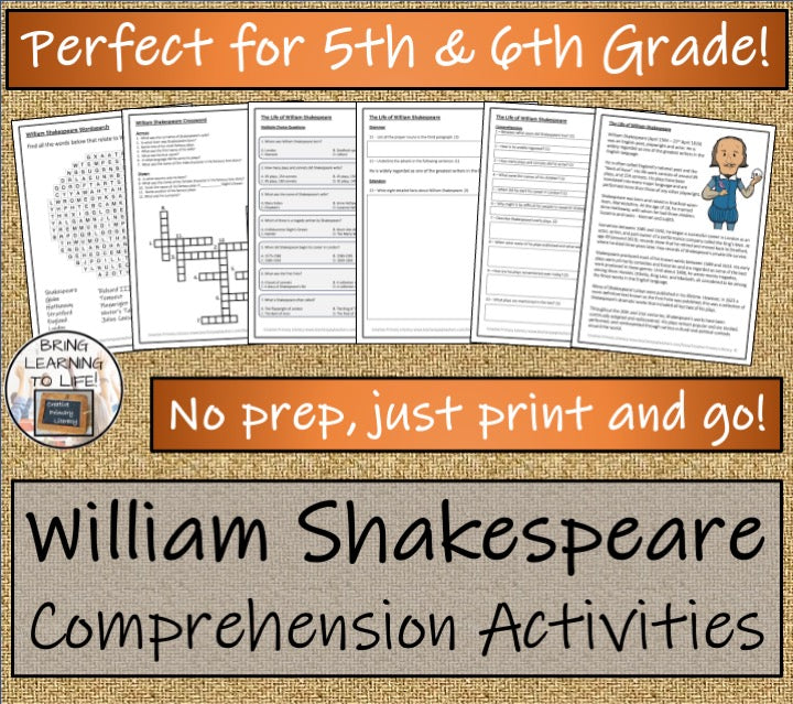 William Shakespeare Close Reading Comprehension Activities | 5th Grade & 6th Grade