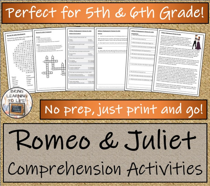 Romeo and Juliet Close Reading Comprehension Activities | 5th Grade & 6th Grade