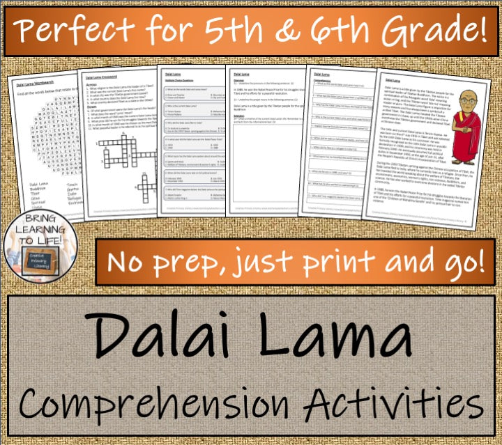 Dalai Lama Close Reading Comprehension Activities | 5th Grade & 6th Grade