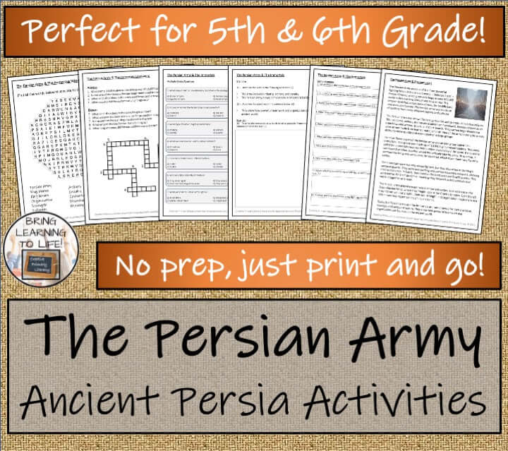Persian Army & The Immortals Reading Comprehension Activities | 5th & 6th Grade materials for students with engaging worksheets.