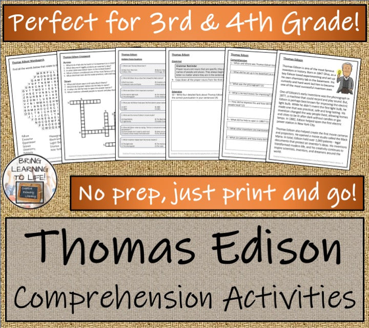 Thomas Edison Close Reading Passage & Comprehension Activities | 3rd–4th Grade
