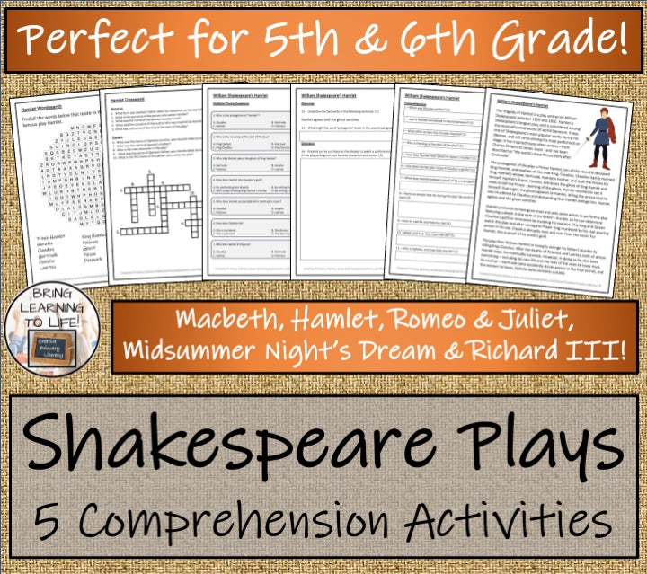 Shakespeare's Famous Plays Close Reading Comprehension Bundle | 5th & 6th Grade