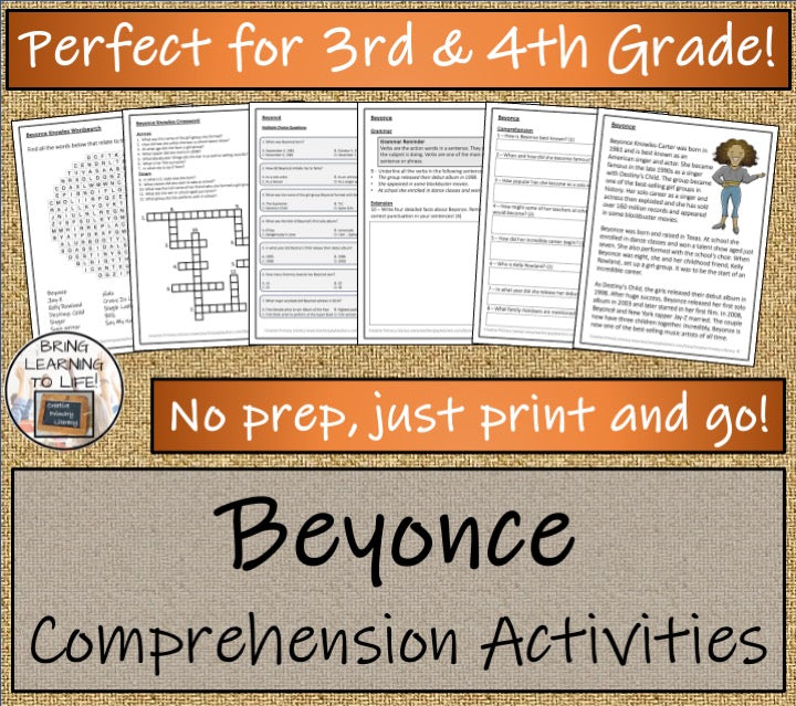 Beyonce Close Reading Comprehension Activities | 3rd Grade & 4th Grade