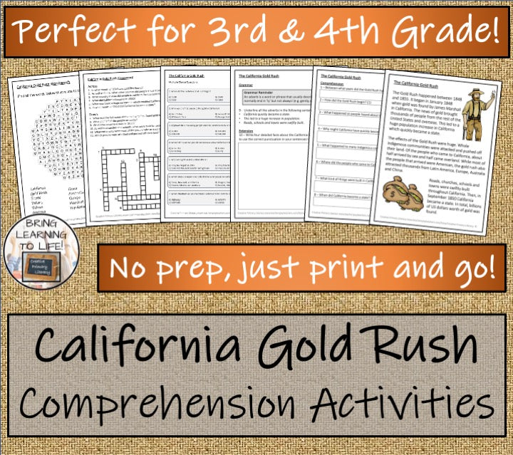 California Gold Rush Close Reading Comprehension Activities | 3rd & 4th Grade