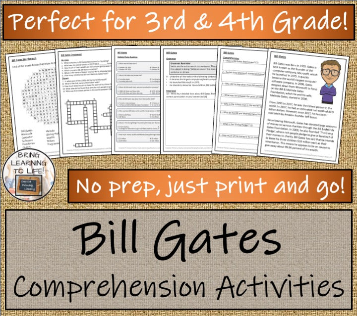 Bill Gates Close Reading Comprehension Activities | 3rd Grade & 4th Grade