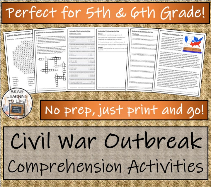 Outbreak of American Civil War Close Reading Comprehension | 5th & 6th Grade