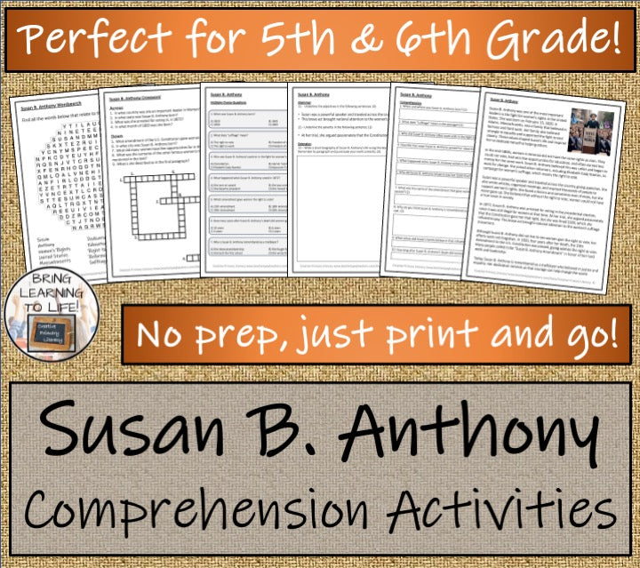 Susan B. Anthony Close Reading Comprehension Activities | 5th Grade & 6th Grade