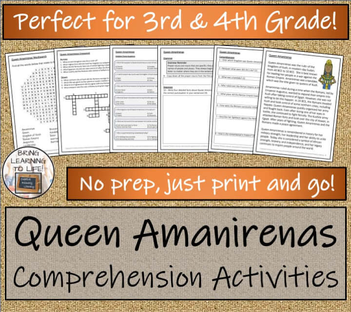Queen Amanirenas Close Reading Comprehension Activities | 3rd & 4th Grade. Worksheets for grammar, quizzes, and puzzles.