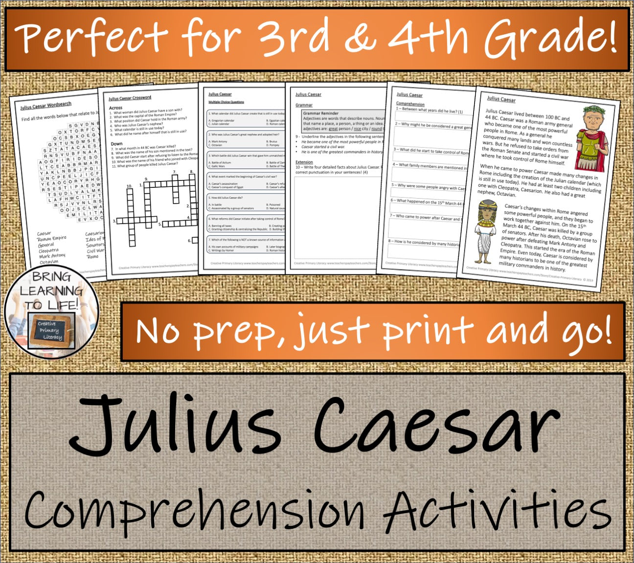 Julius Caesar Close Reading Comprehension Activities | 3rd Grade & 4th Grade