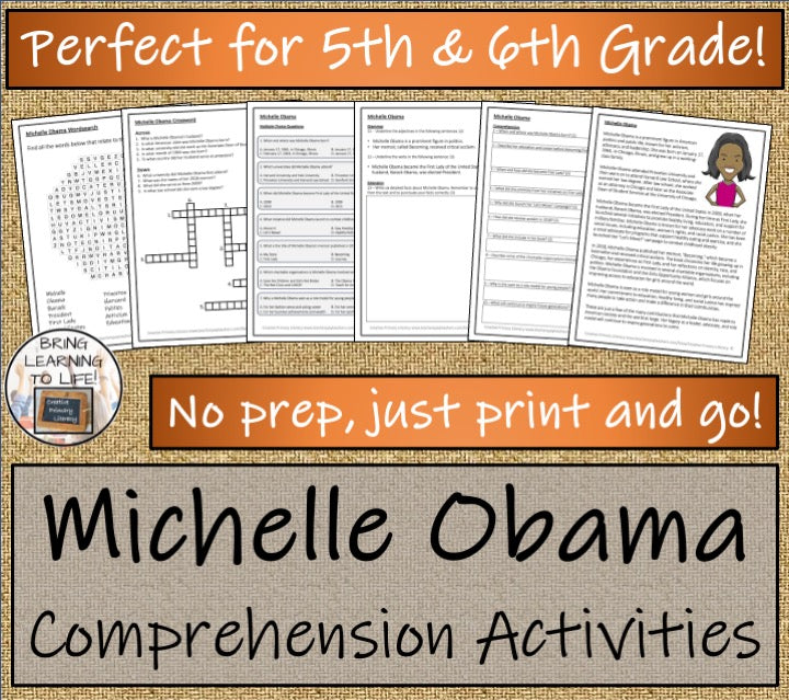 Michelle Obama Close Reading Comprehension Activities | 5th Grade & 6th Grade