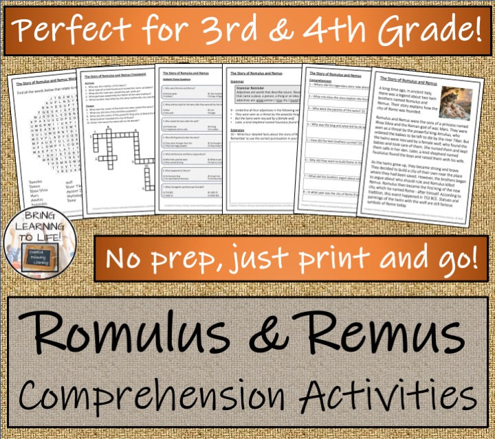 Romulus and Remus Close Reading Comprehension Activities | 3rd Grade & 4th Grade