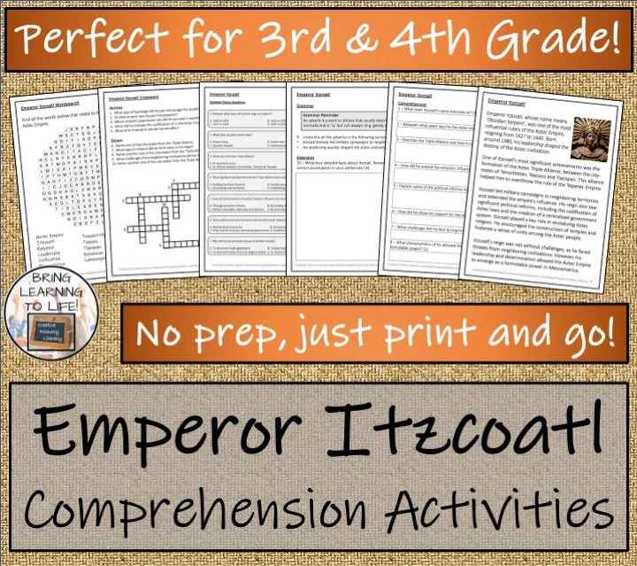 Aztec Emperor Itzcoatl Close Reading Comprehension Activities | 3rd & 4th Grade