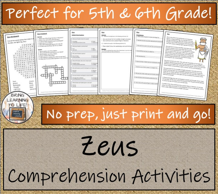 Zeus Close Reading Comprehension Activities | 5th Grade & 6th Grade