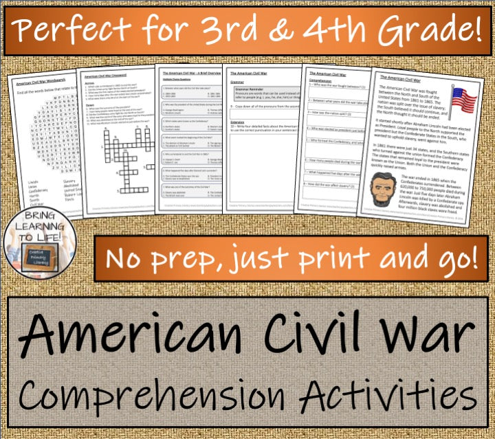 American Civil War Close Reading Comprehension Activities | 3rd Grade & 4th Grade