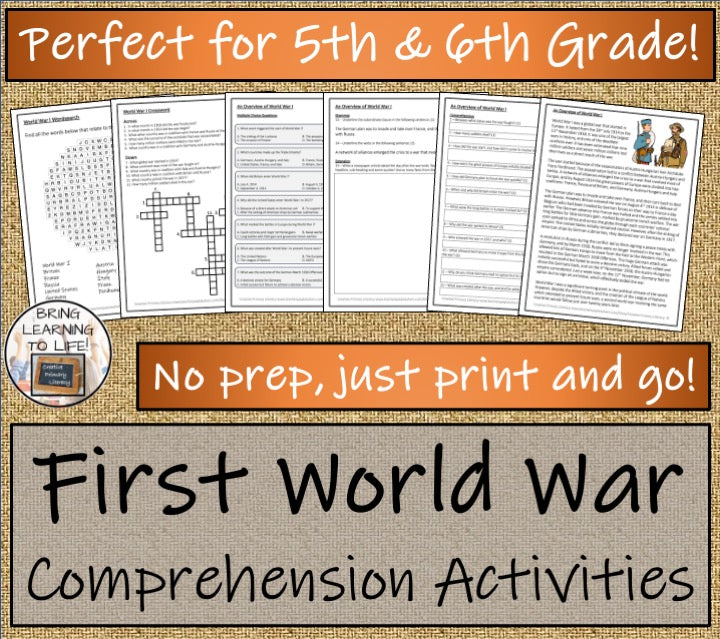 First World War Close Reading Comprehension Activities | 5th Grade & 6th Grade