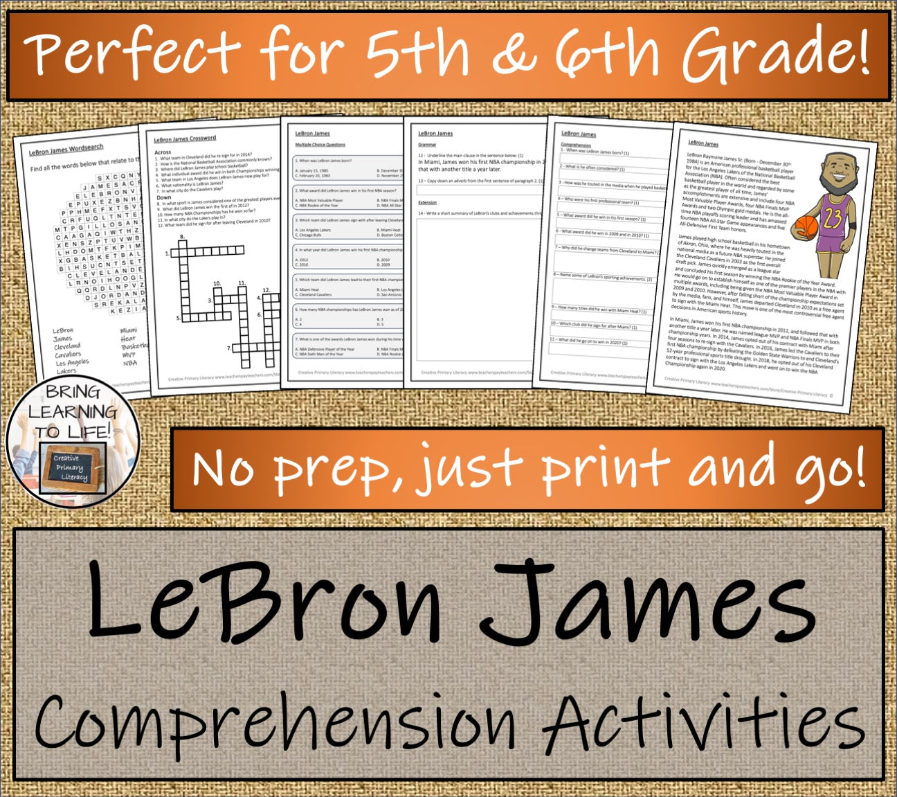 LeBron James Close Reading Comprehension Activities | 5th Grade & 6th Grade