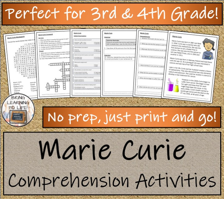 Marie Curie Close Reading Comprehension Activities | 3rd Grade & 4th Grade