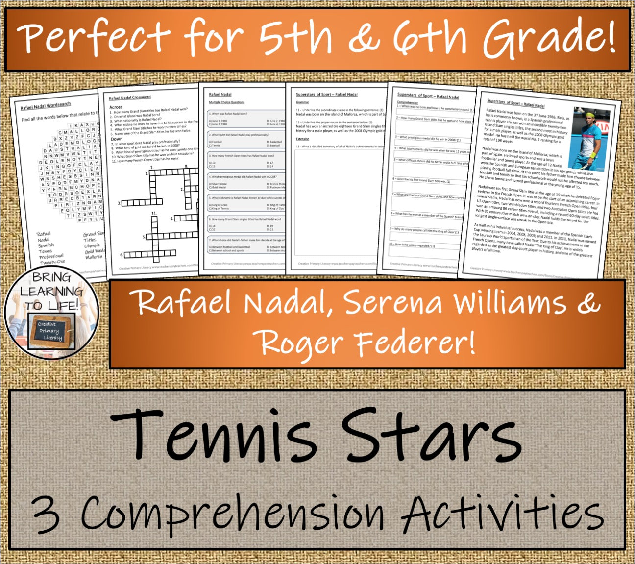 Tennis Players Close Reading Comprehension Activity Bundle | 5th & 6th Grade