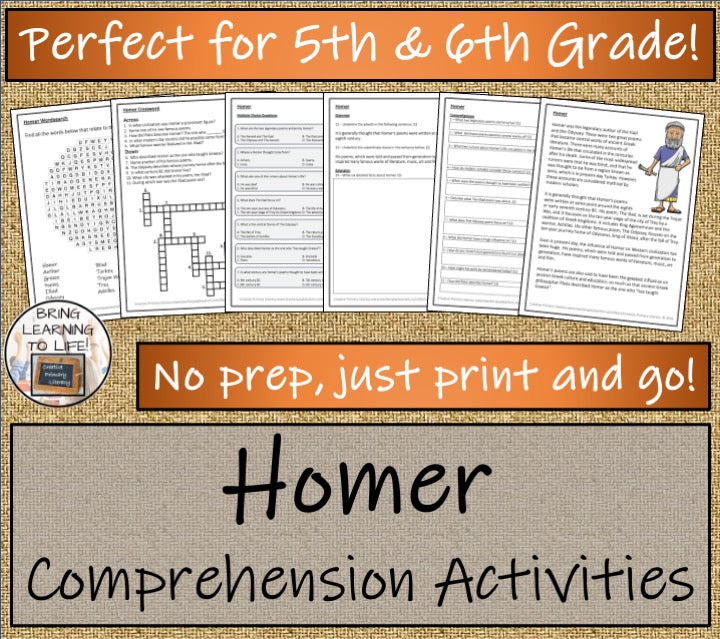 Homer Close Reading Comprehension Activities | 5th Grade & 6th Grade