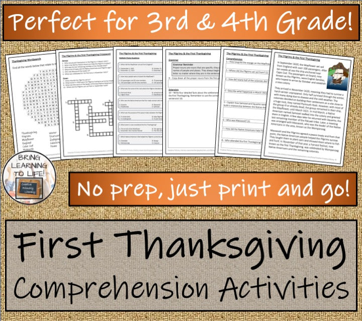 The Pilgrims & First Thanksgiving Close Reading Comprehension | 3rd & 4th Grade