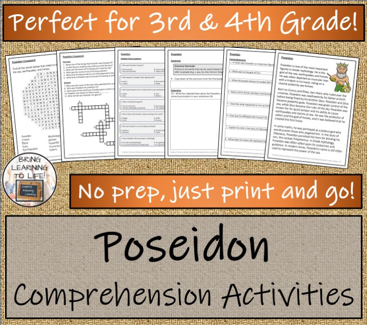 Poseidon Close Reading Comprehension Activities | 3rd Grade & 4th Grade