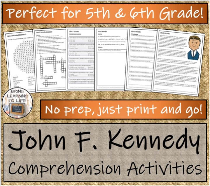 John F. Kennedy Close Reading & Biography Bundle | 5th Grade & 6th Grade comprehension activities for students.