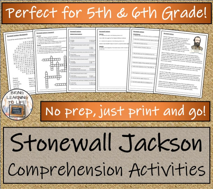 Stonewall Jackson Close Reading Comprehension Activities | 5th Grade & 6th Grade