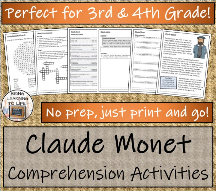 Claude Monet Close Reading Comprehension Activities | 3rd Grade & 4th Grade