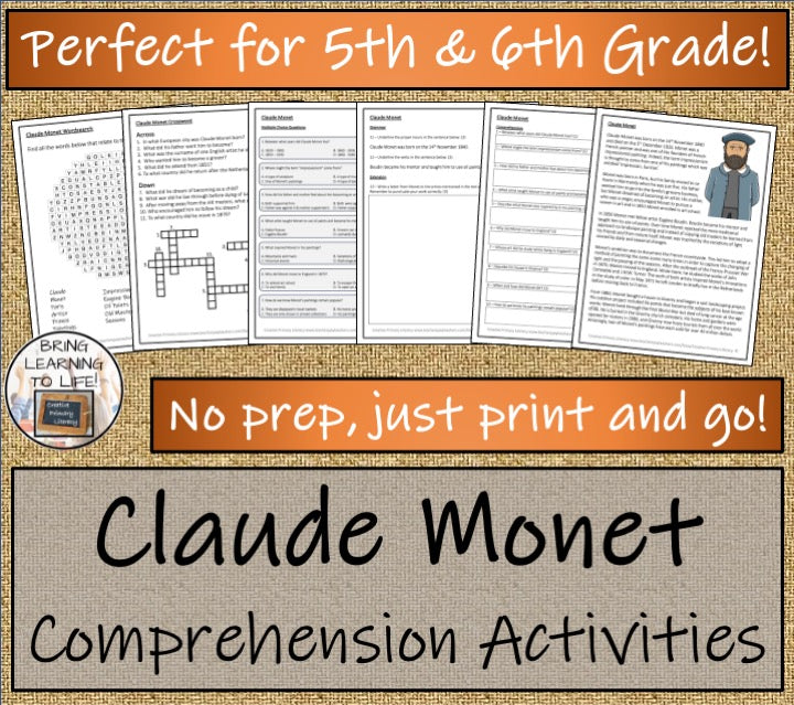 Claude Monet Close Reading Comprehension Activities | 5th Grade & 6th Grade