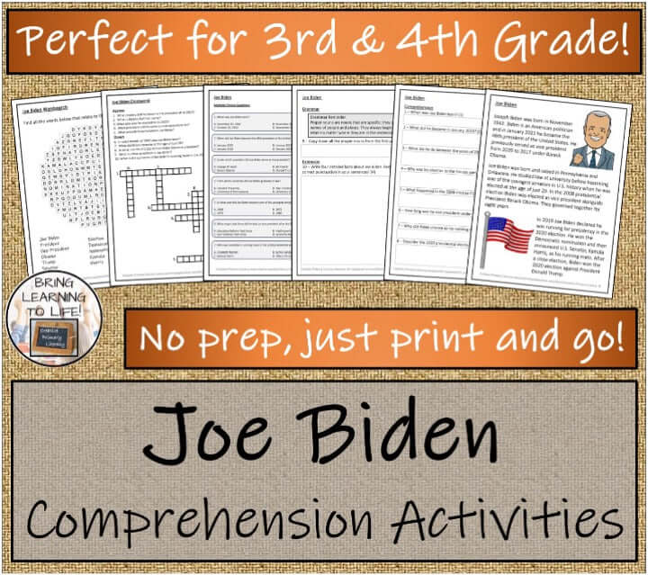 Joe Biden Close Reading & Biography Bundle | 3rd Grade & 4th Grade, comprehension activities for students.