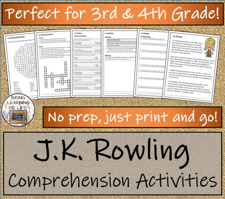 J.K. Rowling Close Reading Comprehension Activities | 3rd Grade & 4th Grade