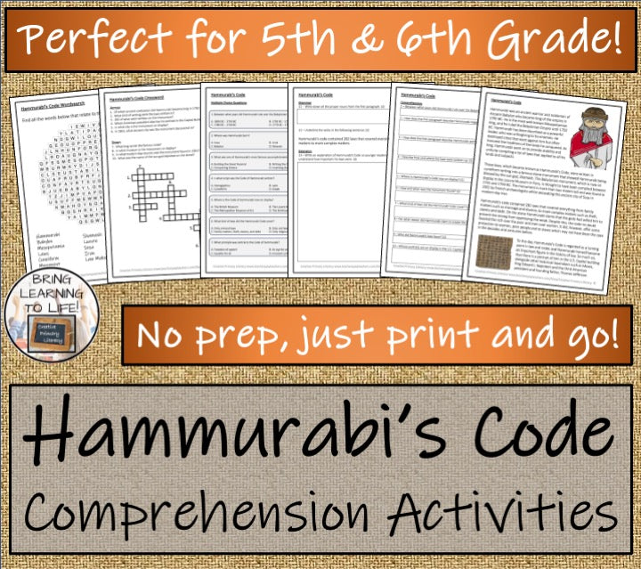 Hammurabi's Code Close Reading Comprehension Activities | 5th Grade & 6th Grade