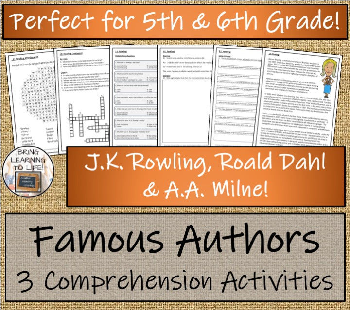 Famous Authors Close Reading Comprehension Activity Bundle | 5th & 6th Grade