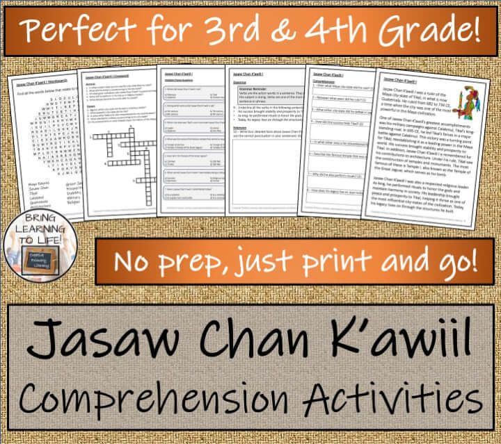 Maya King reading comprehension activities featuring Jasaw Chan K'awiil for 3rd-4th grade students.