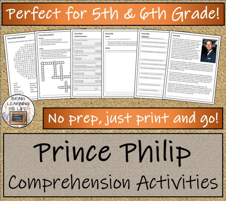 Prince Philip Close Reading Comprehension Activities | 5th Grade & 6th Grade