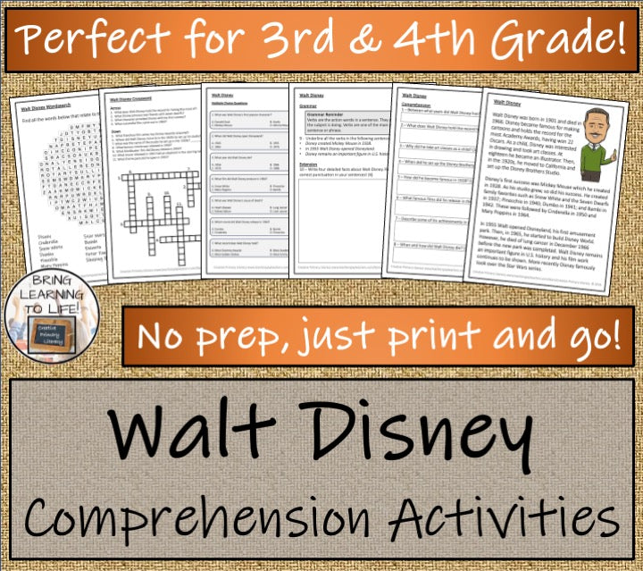 Walt Disney Close Reading Comprehension Activities | 3rd Grade & 4th Grade