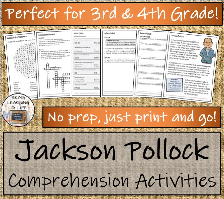 Jackson Pollock Close Reading Comprehension Activities | 3rd Grade & 4th Grade