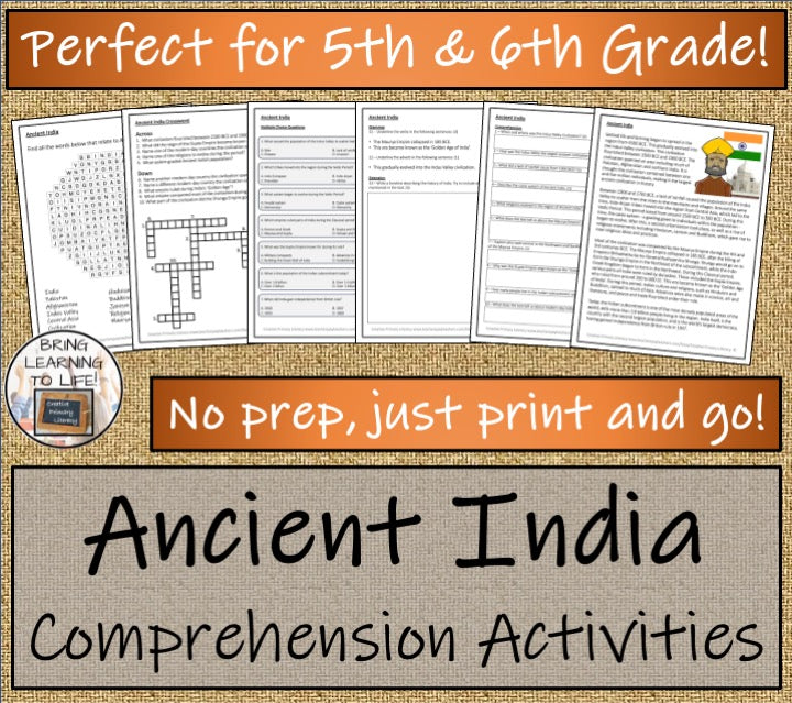 Ancient India Close Reading Comprehension Activities | 5th Grade & 6th Grade