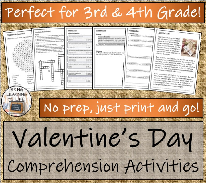 Valentine's Day Close Reading Comprehension Activities | 3rd Grade & 4th Grade