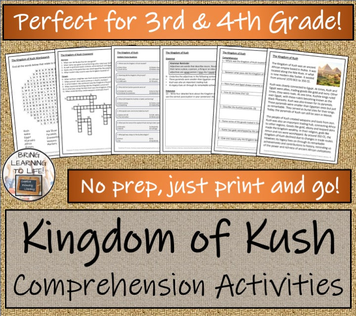 Kingdom of Kush reading activities for 3rd-4th grade, including comprehension questions and presentation materials.