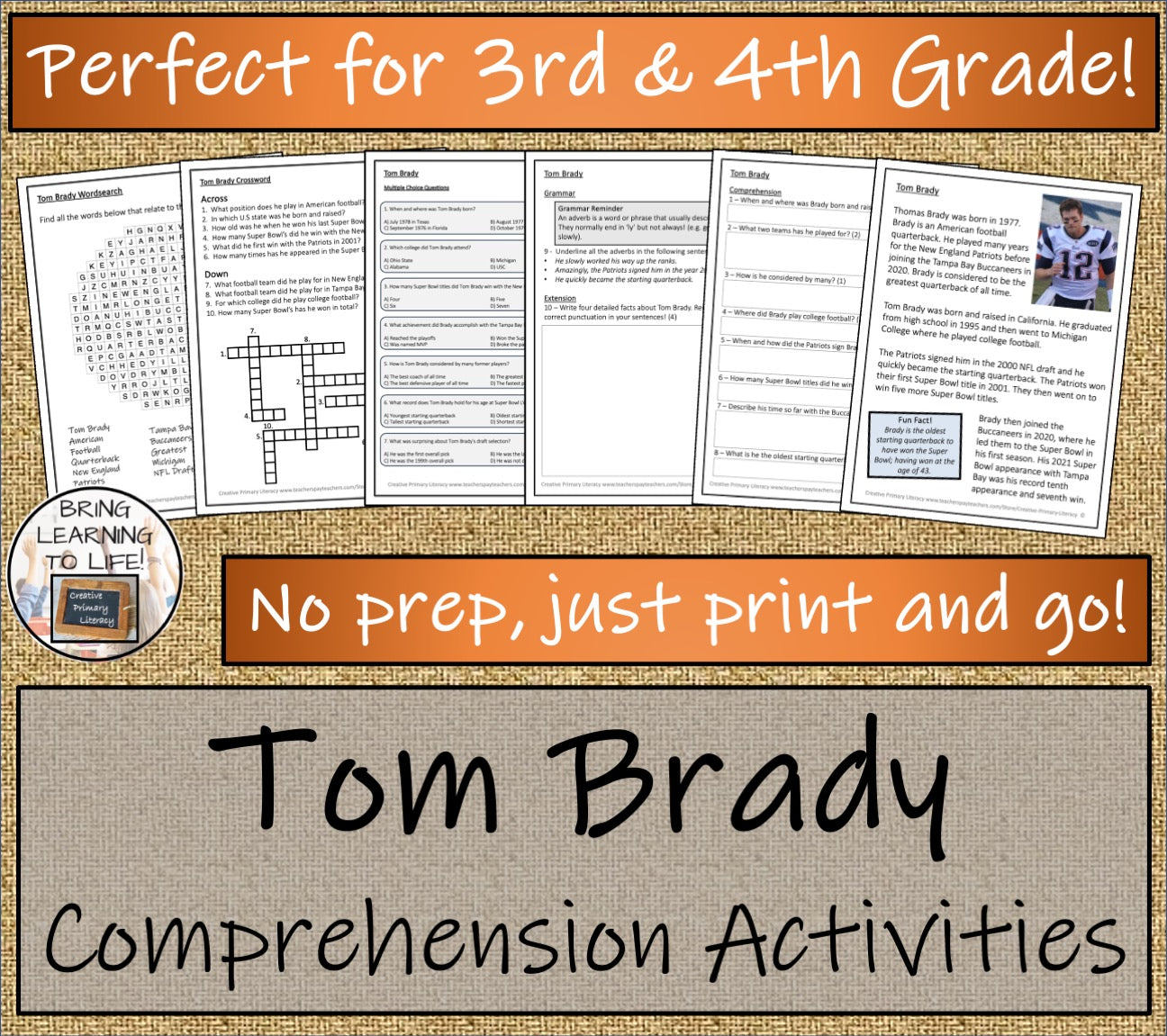 Tom Brady Close Reading Comprehension Activities | 3rd Grade & 4th Grade