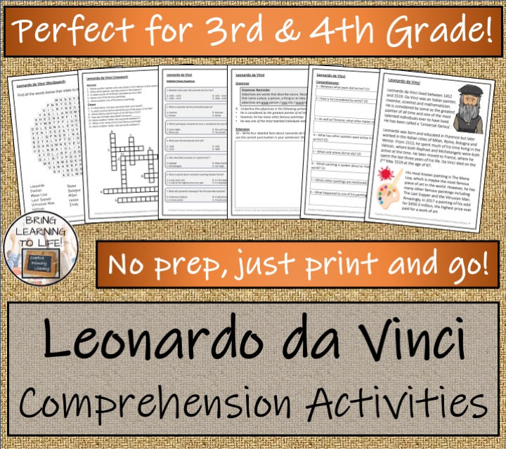 Leonardo da Vinci Close Reading Comprehension Activities | 3rd Grade & 4th Grade