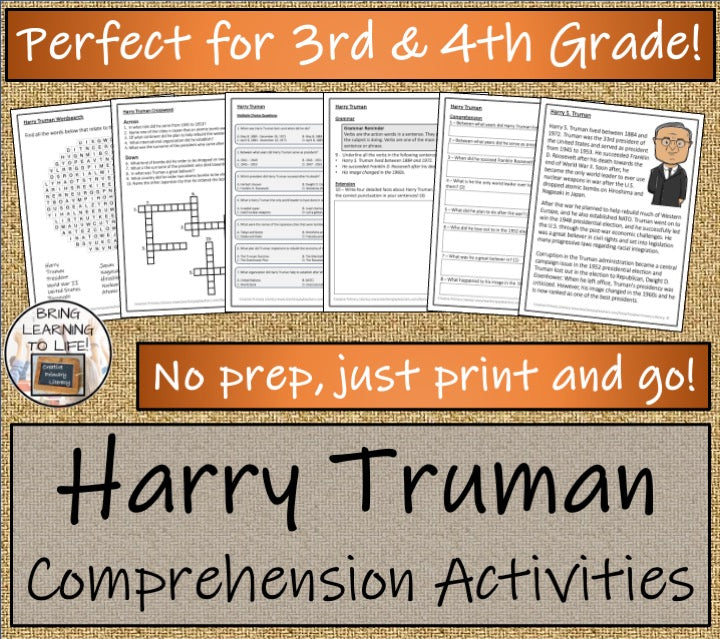 Harry Truman Close Reading Comprehension Activities | 3rd Grade & 4th Grade