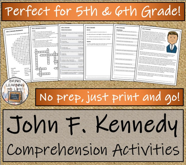 John Kennedy Close Reading Comprehension Activities | 5th Grade & 6th Grade