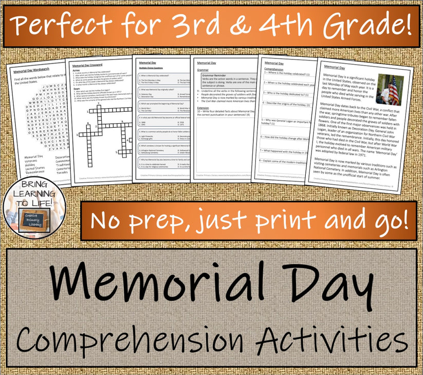 Memorial Day Close Reading Comprehension Activities | 3rd Grade & 4th ...