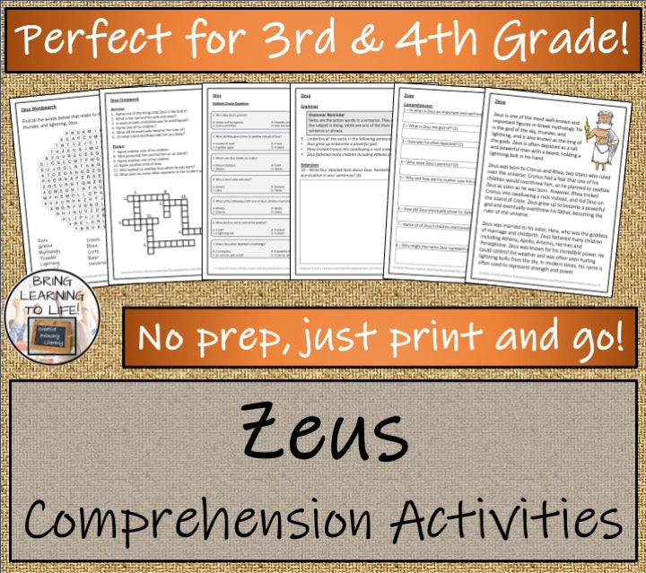 Zeus Close Reading Comprehension Activities | 3rd Grade & 4th Grade