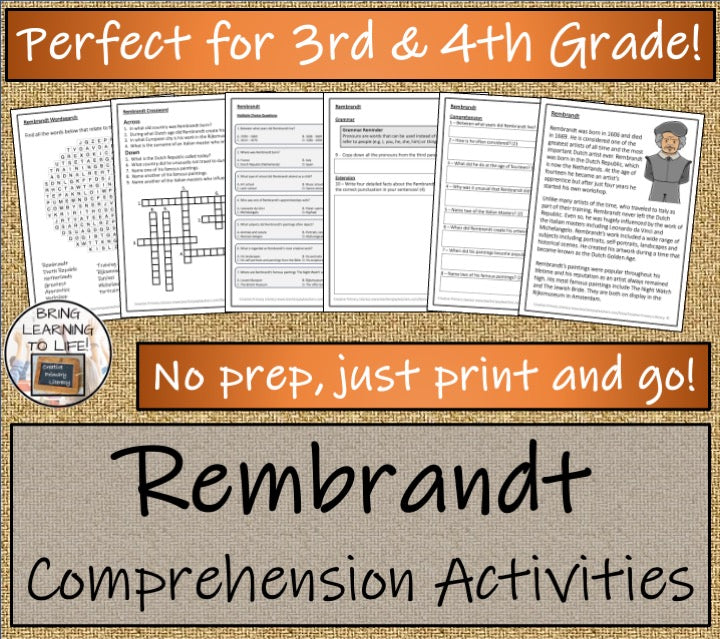 Rembrandt Close Reading Comprehension Activities | 3rd Grade & 4th Grade