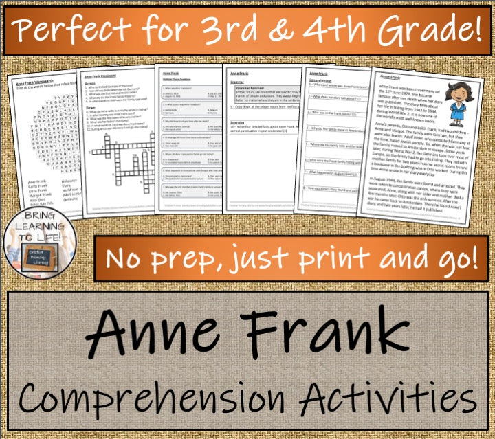 Anne Frank Close Reading Comprehension Activities | 3rd Grade & 4th Grade